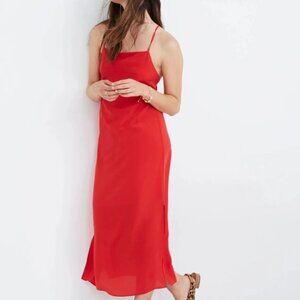 Madewell Silk Square Neck Cross-Back Slip Midi Dress Lipstick Red